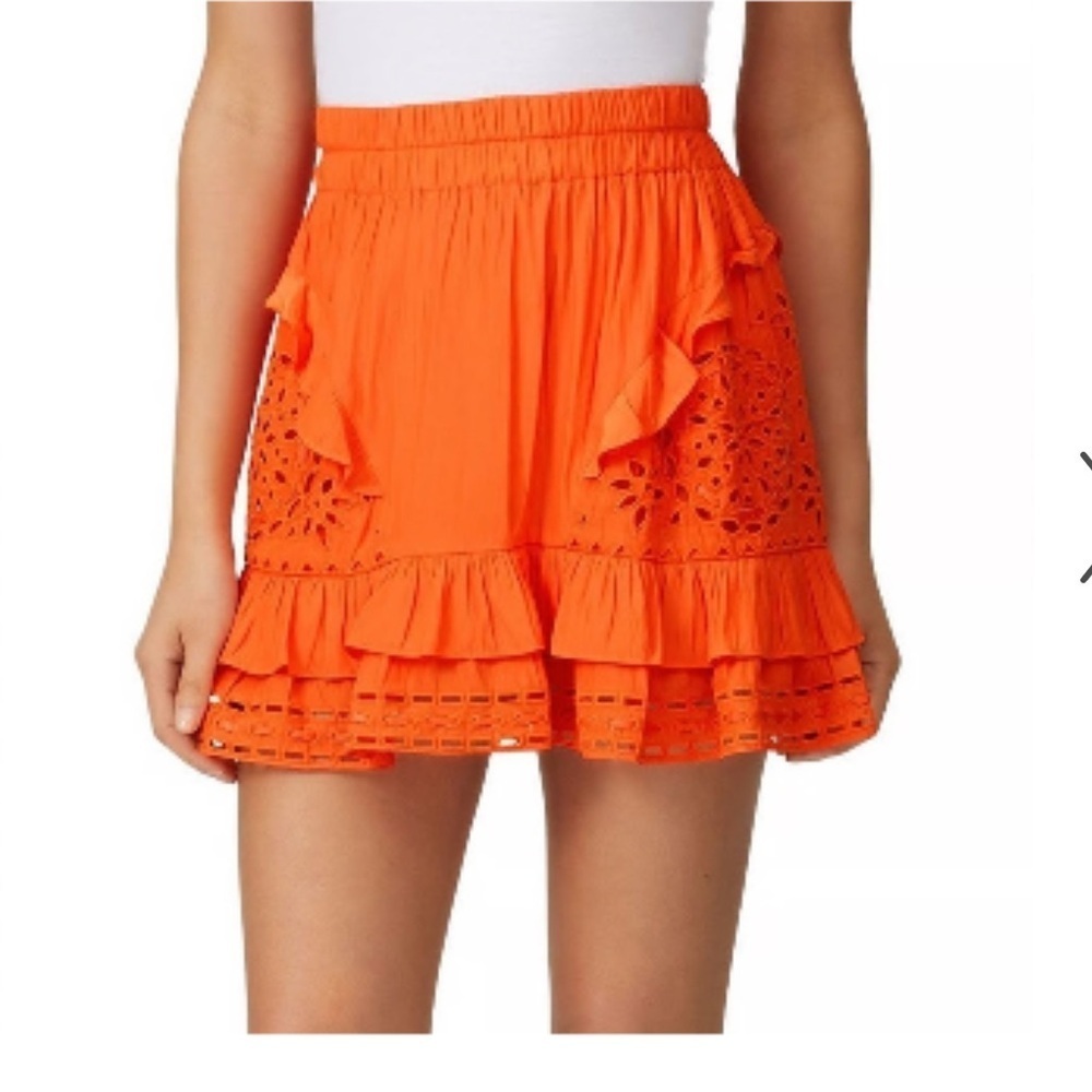 Ramy Brook Orange Eyelet Ruffle Mini Skirt Smocked Waist Size L